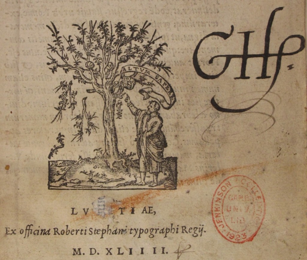 Harvey's initials on the title page of Valerius (Adv.d.8.1)