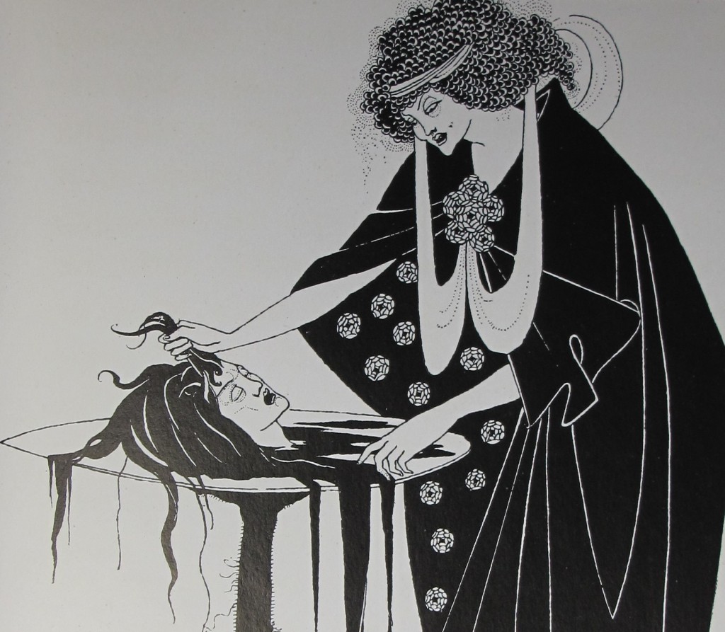 Beardsley's illustration for Wilde's Salome, in Brooke's copy of Robert Ross' "Aubrey Beardsley" (1909), inscribed by Brooke to Geoffrey Keynes. Keynes.J.7.17