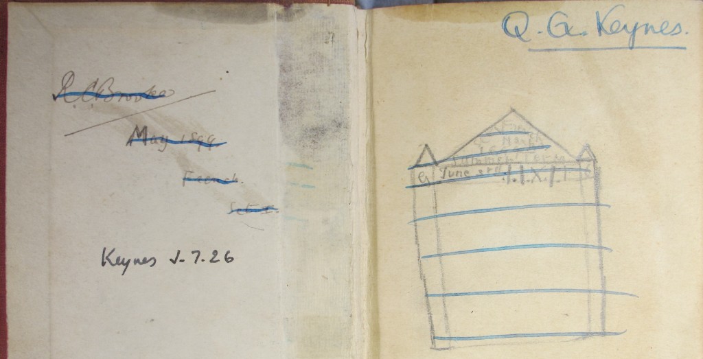 Inscription by an eleven-year-old Brooke in an 1897 pocket English/French dictionary (Keynes.J.7.26), later given by Keynes to his young son Quentin, and drawn in by him