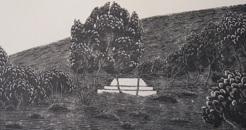 Woodcut by Phyllis Gardner of Brooke grave, in Casson's "Rupert Brooke and Skyros" (Keynes.J.5.25)
