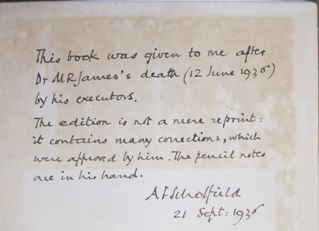 Note by A. F. Scholfield in James' own copy of the 1919 'new edition' of his "Ghost stories of an antiquary" (Adv.d.110.1)