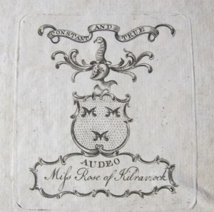 Bookplate of Elizabeth Rose of Kilravock (misprinted 'Kilraviock') in Cunningham's Poems.