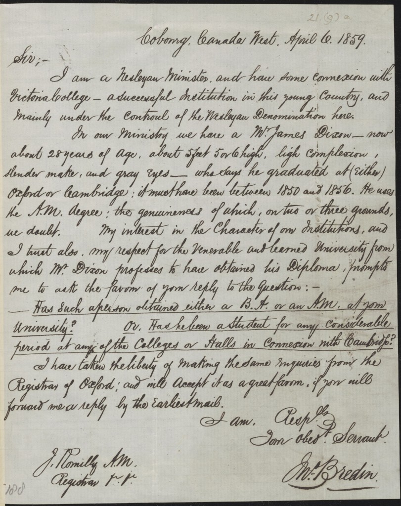 The fraudster James Dixon claimed to be MA of the University in the 1850s (classmark: UA CUR.20.1.21.9A)
