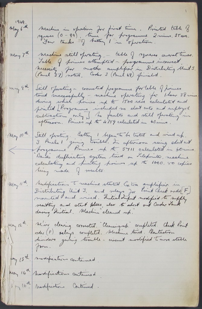 EDSAC log, recording the first successful run of the first university computer, 6 May 1949