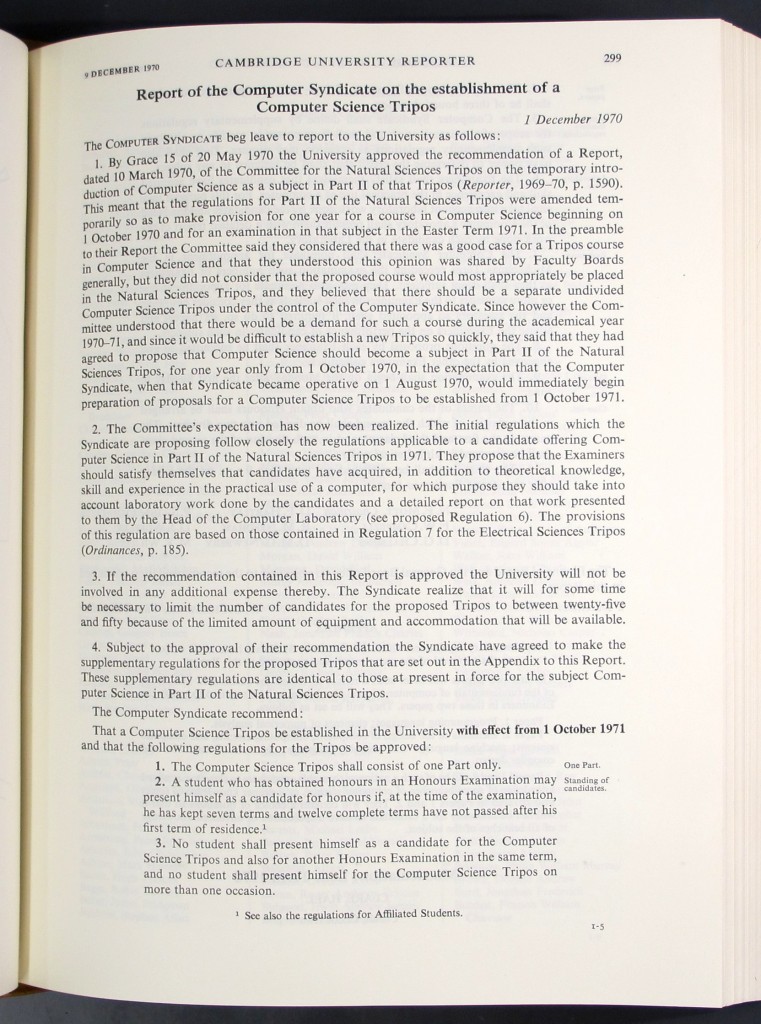 First page of the report of the Computer Syndicate on the establishment of a Computer Science Tripos, in the Cambridge University Reporter