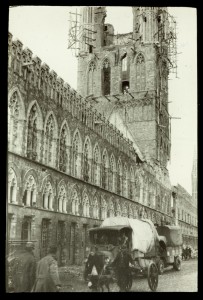 Shell damage to the medieval Cloth Hall (south side), Ypres, Belgium, 1915