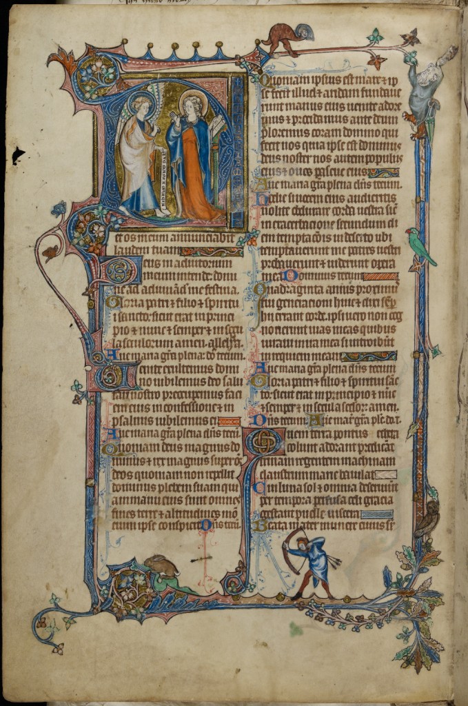 Hours of the Virgin, with historiated initial depicting the Annunciation (the Midlands, early 14th century), MS Dd.8.2, f. 27v