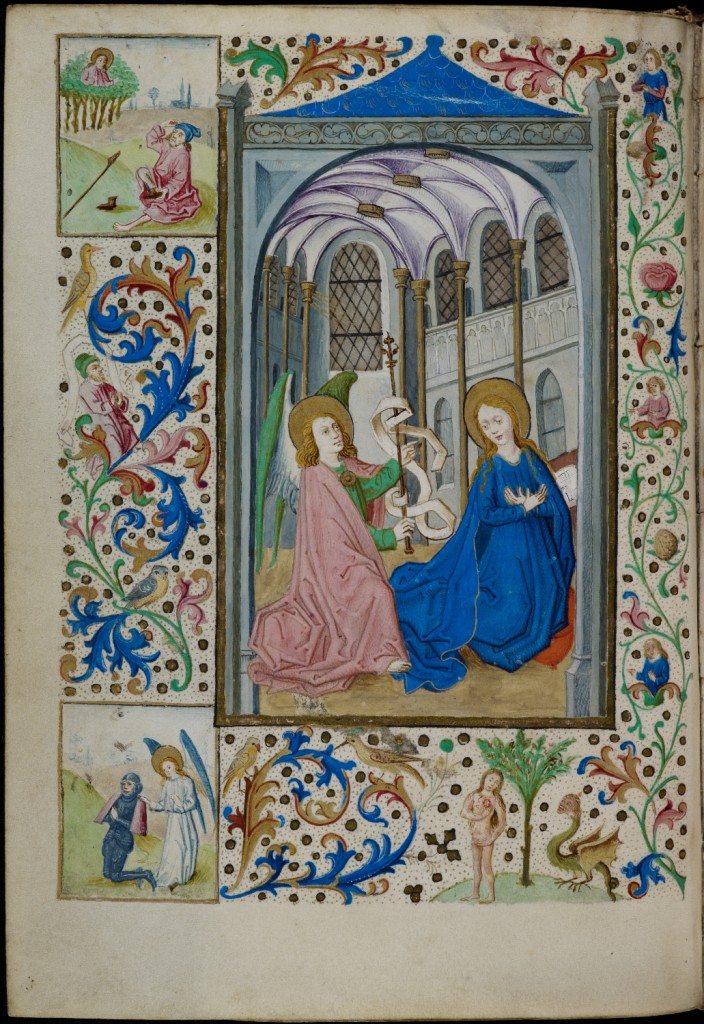 Full-page miniature of the Annunciation, with four-sided foliate border containing small miniatures of Moses and the Burning Bush, the Miracle of Gideon and the Temptation of Eve (N. Netherlands, Zwolle, probably c. 1470), MS Add. 4103, f. 17v