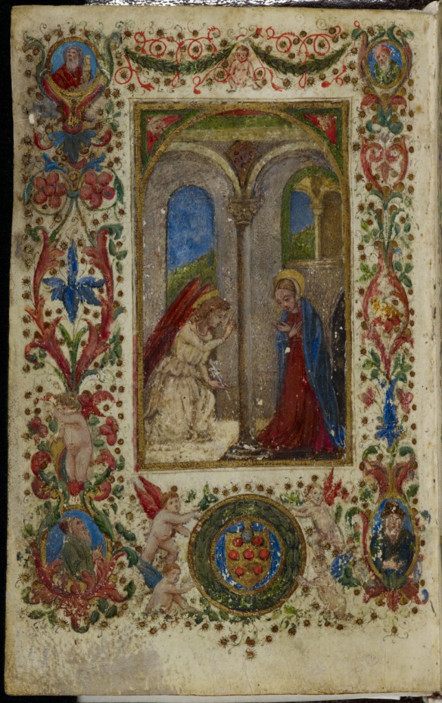 Full-page miniature of the Annunciation, with four-sided foliate border containing busts of prophets, putti, and the Medici coat of arms (Italy, Florence, 1487-88), MS Add. 4101, f. 1v