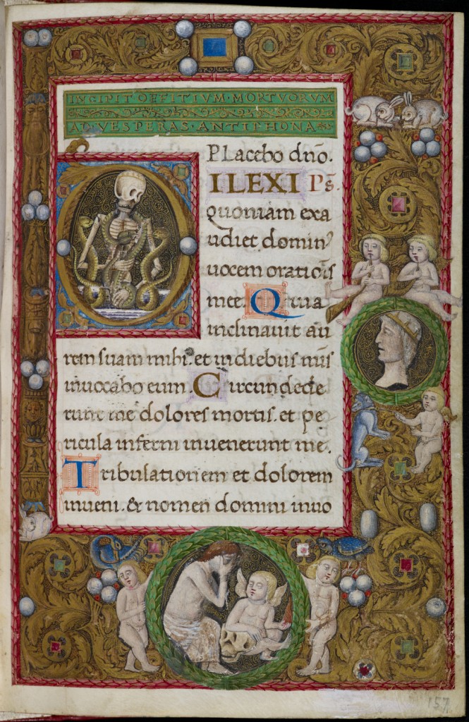 The Office of the Dead, with historiated initial depicting a skeleton entwined with serpents and a four-sided gold acanthus and jewel border with animals, putti and mourning figure (Italy, Naples, 1484-92), MS Add. 4105, f. 157r