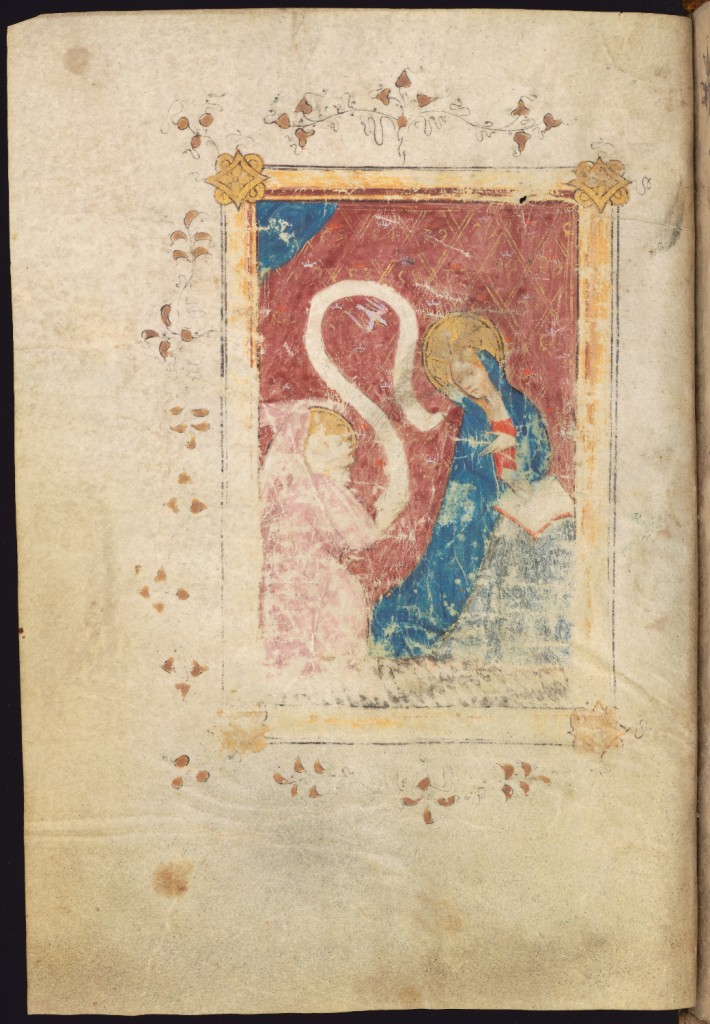 Full-page miniature of the Annunciation, before the beginning of the Hours of the Virgin, MS Ff.6.8, f. 23v
