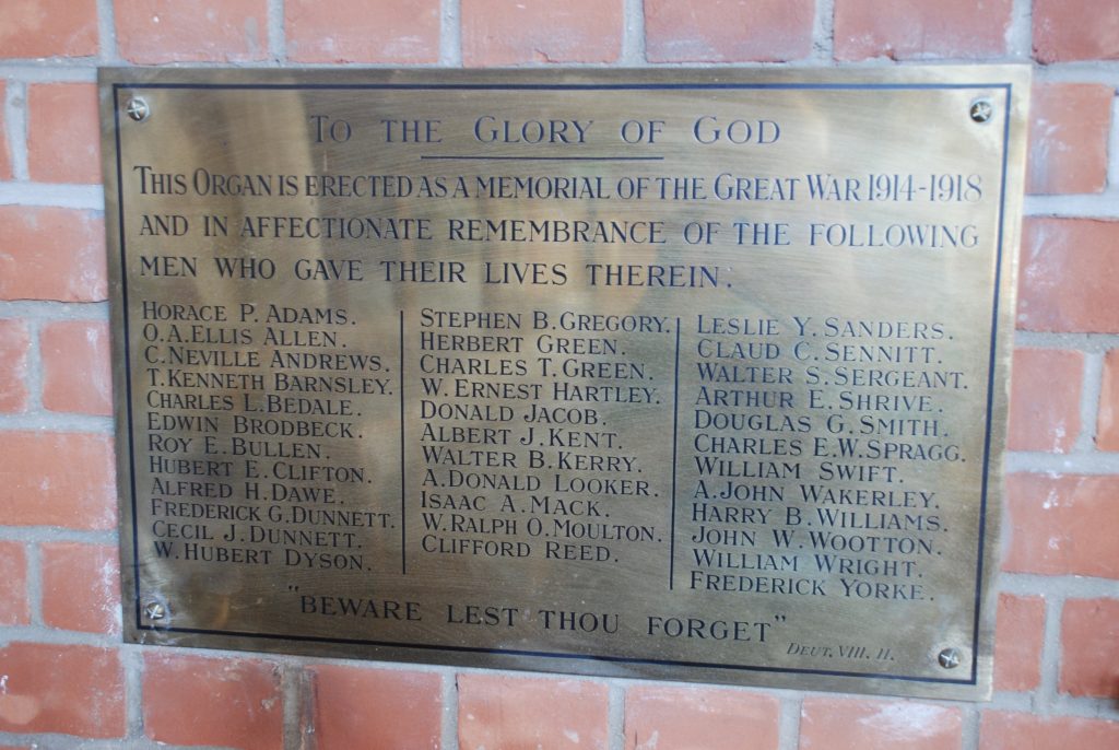 First World War memorial in Wesley Methodist Church, Cambridge