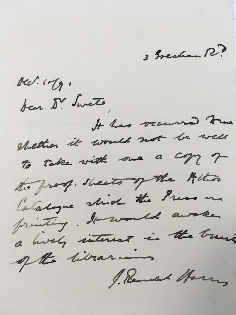Letter from Rendel Harris to Henry Swete