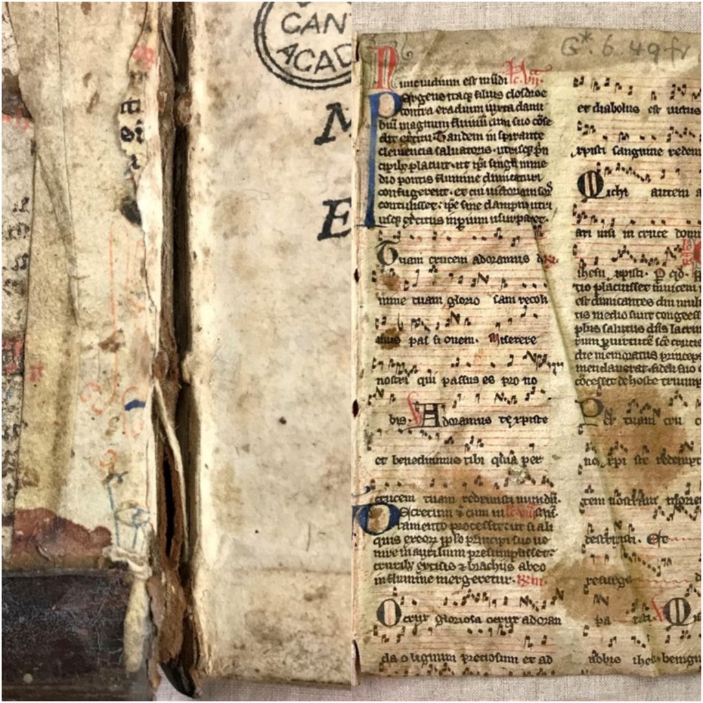 Offset from MS Add. 2769 (17) still visible in G*.6.49, an early printed book in the collection (L) and the fragment itself (R).