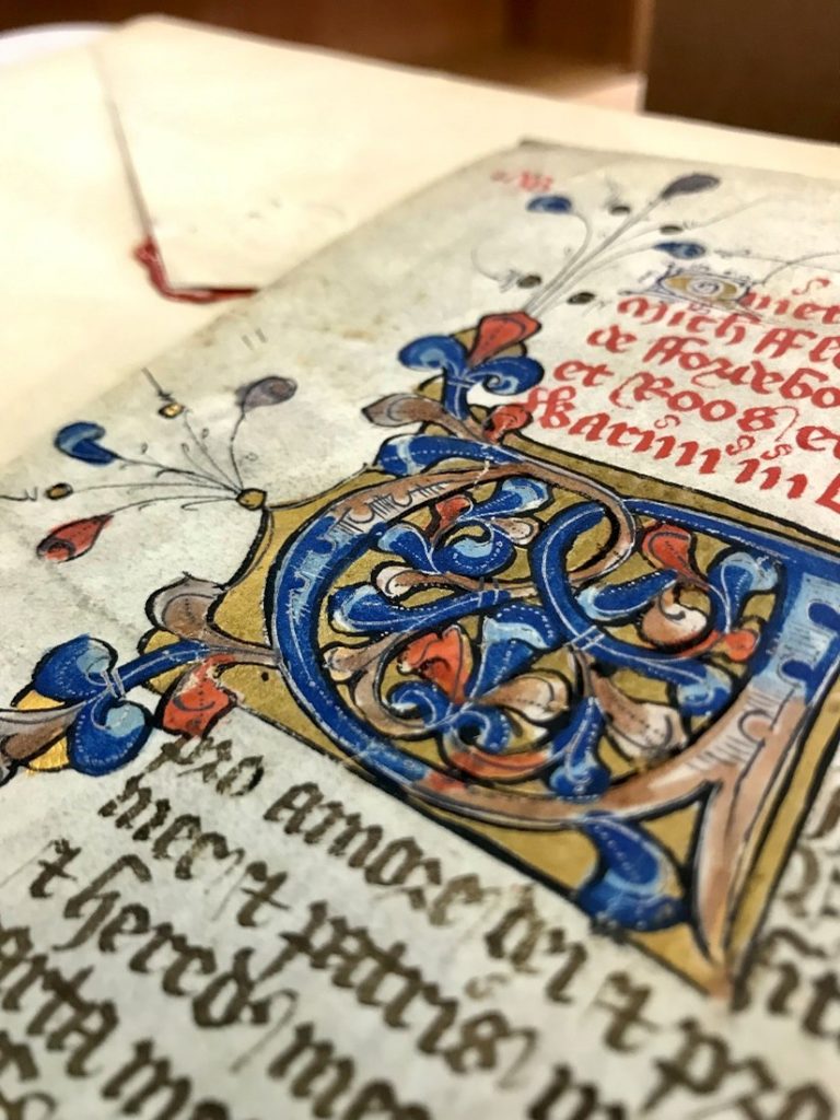 Detail from MS Add. 4407 (12), a partial leaf from the Coucher book of Furness Abbey, with the “original” UL housing, an envelope with wax seal.